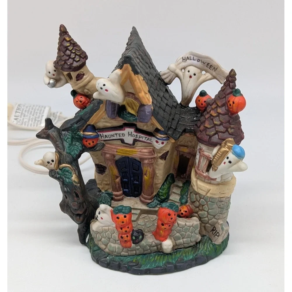 Vtg Spooky Hollow Haunt Hospital Porcelain Halloween Village Lighted House Town